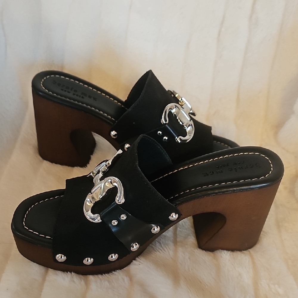 bernie mev. Black Mules with Silver Accents and Brown Block Heel